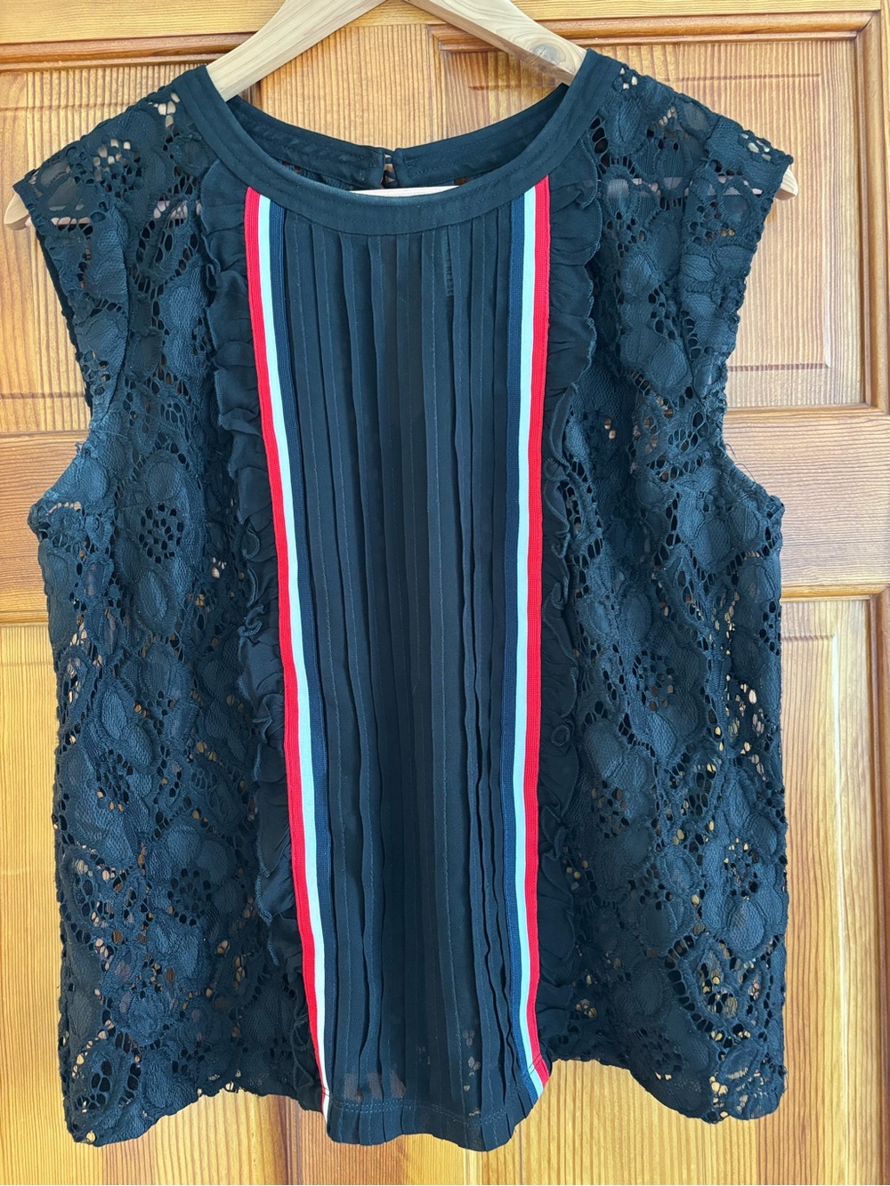 Plenty by Tracy Reese Black Lace Pleated Camisole with Red and Blue Stripe Trim